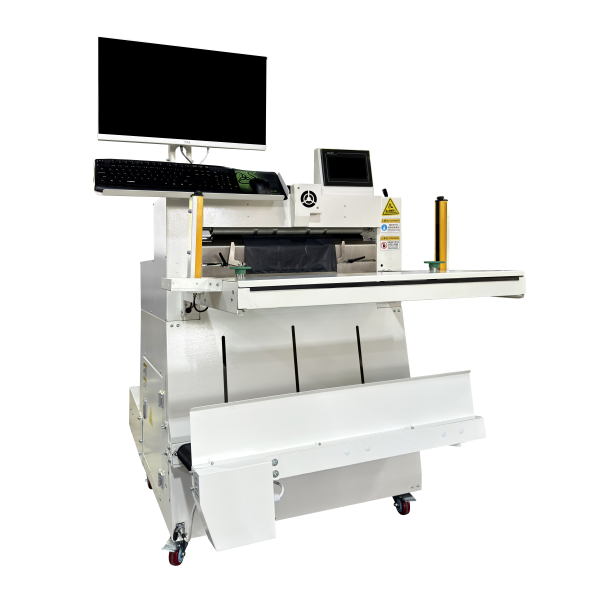 Schematic of a tabletop auto bagger showing the roll feed, PLC panel, seal bar, and electrical-only power connection