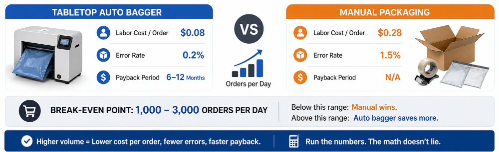 Manual pack sequence vs. YPXPACK tabletop auto bagger, same order