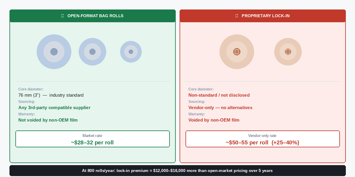 Open-format vs proprietary bag roll comparison showing consumable lock-in premium of 25-40 percent above market rate