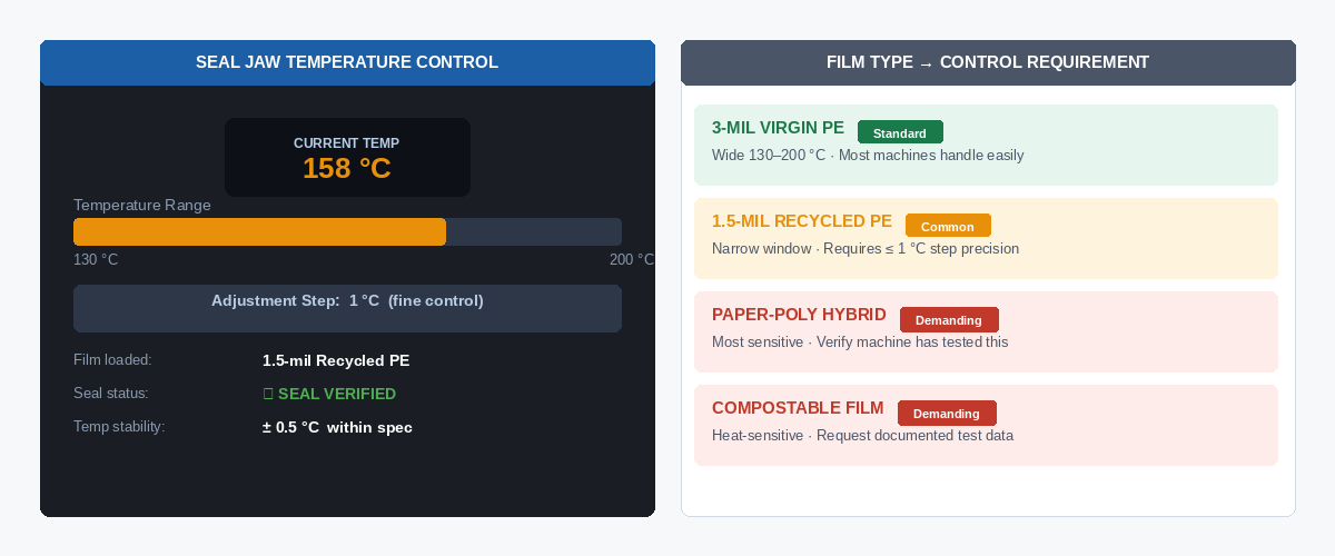 Seal jaw temperature control requirements by film type - recycled content films demand tighter precision than standard 3-mil virgin PE
