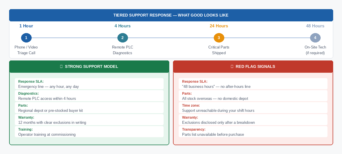 Support tier timeline showing strong model with 1-hour phone triage, 4-hour remote PLC diagnostics, 24-hour parts shipped, 48-hour on-site tech vs red flag model with 48 business hours SLA and overseas-only parts